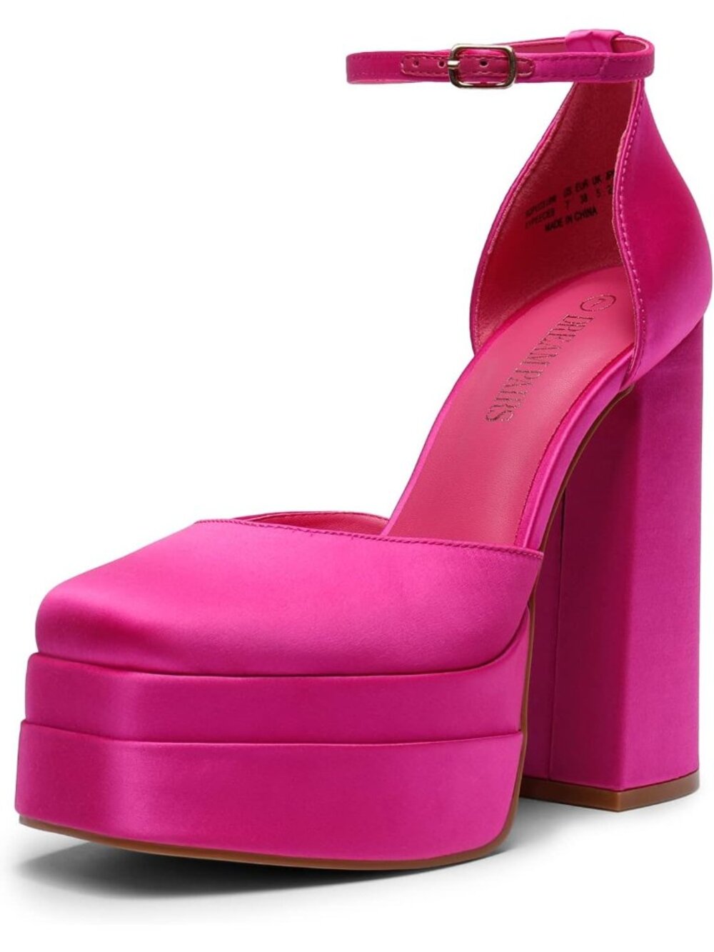Women’s Rose Red Satin High Chunky Platform Square Toe Ankle Strap Wedding Heel